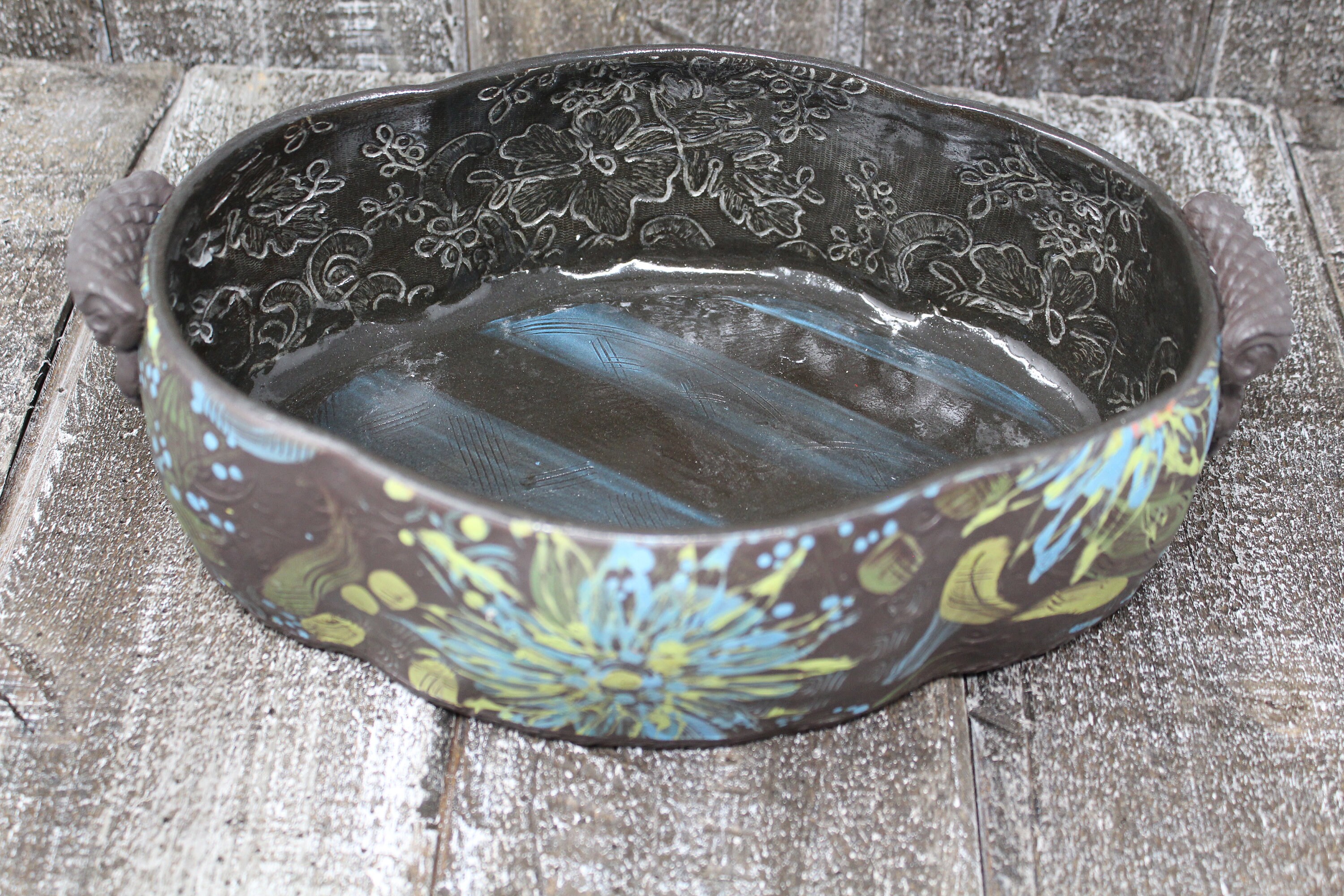 Black Clay Blue Flowerburst Hand painted casseroleLarge Pottery