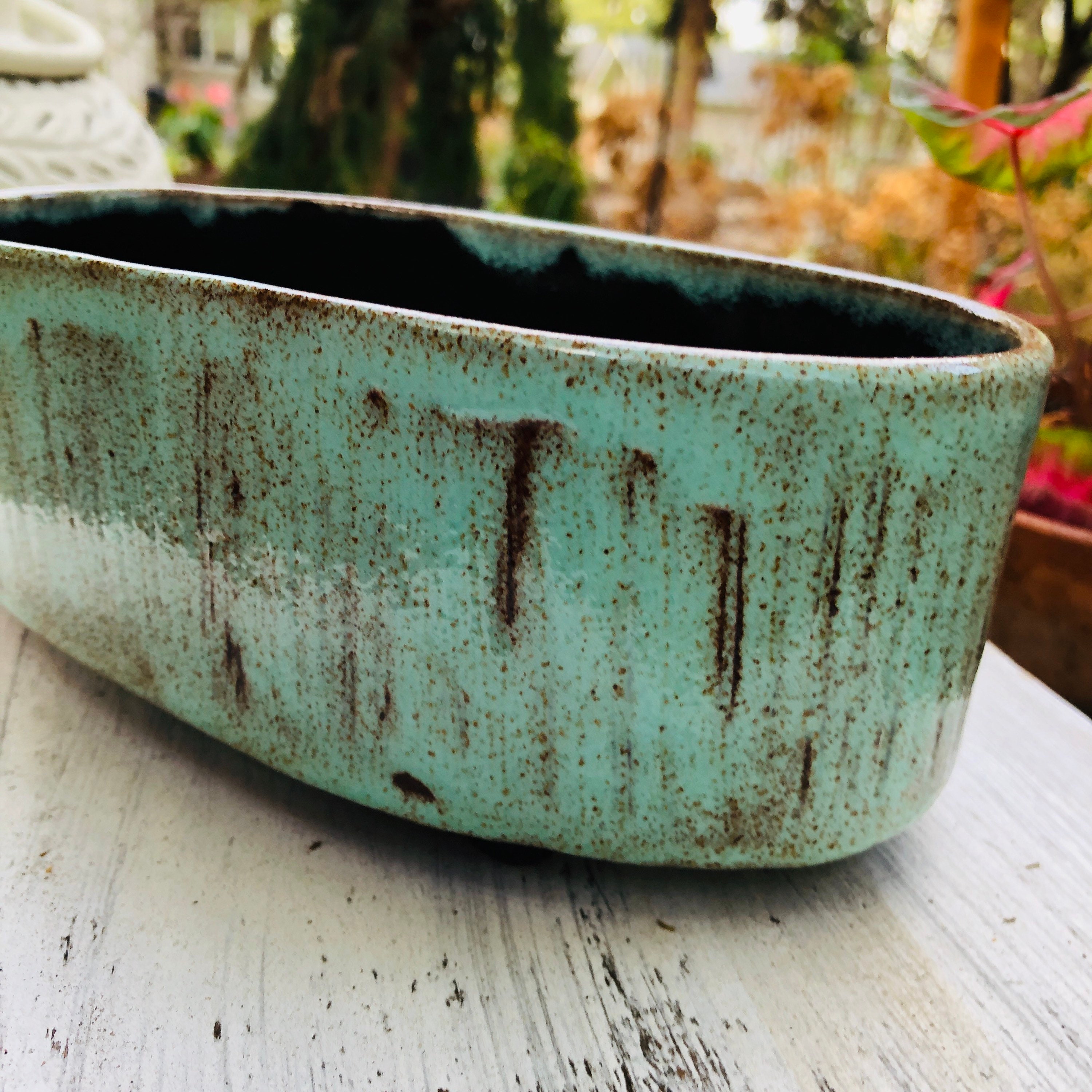 Green Shino Ikebana vesselHand made turquoise shino ikebana base