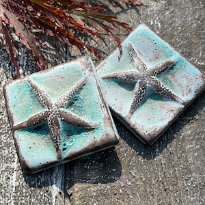 May include: Two square ceramic tiles with a turquoise background and a raised, textured starfish design in brown. The tiles have a rustic, weathered appearance with dark brown edges. Decorative accent for home decor.