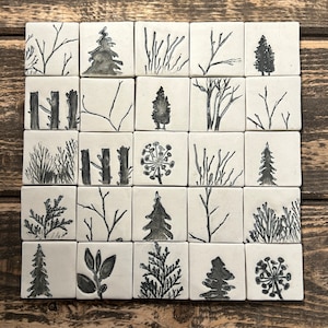 Winter Walk Artisan Porcelain Tiles-black and white tile-handmade tile-unique tile-backsplash tile-white tile-mosaic tile rustic tile-