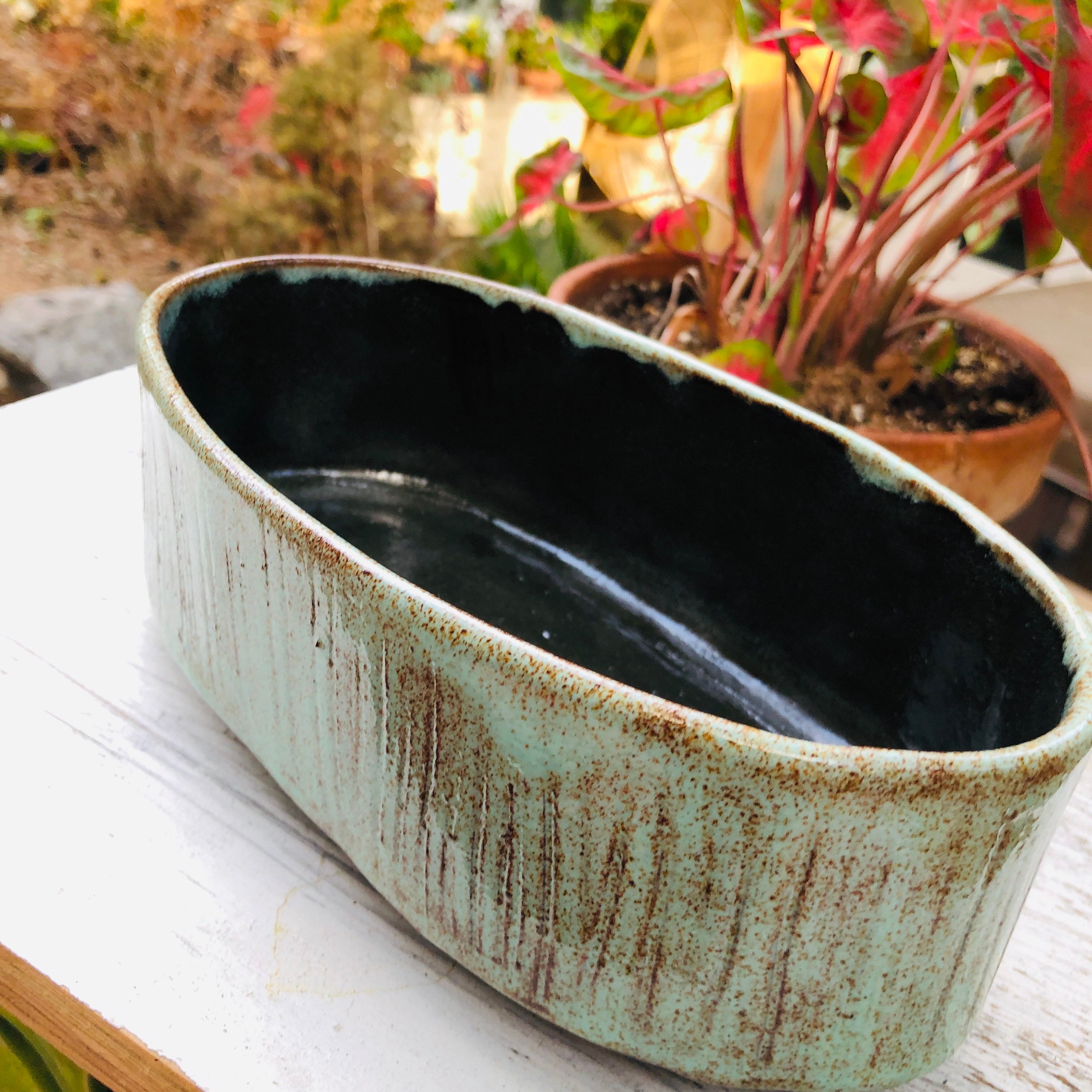 Green Shino Ikebana vesselHand made turquoise shino ikebana base