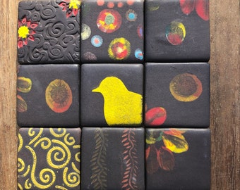 Yellow Birdie 9 Handmade Tiles-Artisan Tile-Handpainted tile-craft tile-yellow tile-unique gold tile-mosaic tile-backsplash tile-accent tile