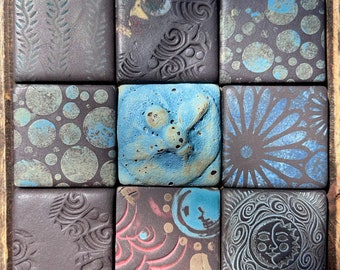 Blue Bee Set of 9 Handmade blue Tile-Artisan Tile-Handpainted tile-craft tile-small tile-unique tile-mosaic tile-backsplash tile-accent tile