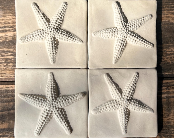 Creamy Engobe Hand made Starfish tile-Set of 4-Tile-4 inch Tile-10 cm tile -ocean tile-backsplash-SeaStar Tile-Sealife tile-Beach Tile