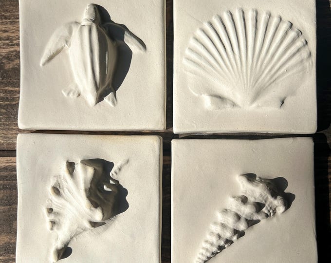 Creamy Engobe Hand made Artisan tile-Set of 4-Tile-4 inch Tile-10 cm tile -ocean tile-backsplash-Tile-Sealife tile-Beach Tile