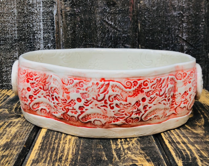 Red Dragon Handmade Porcelain Casserole-dragon dish-red casserole-pottery casserole-handmade casserole-hand painted casserole-oval casserole