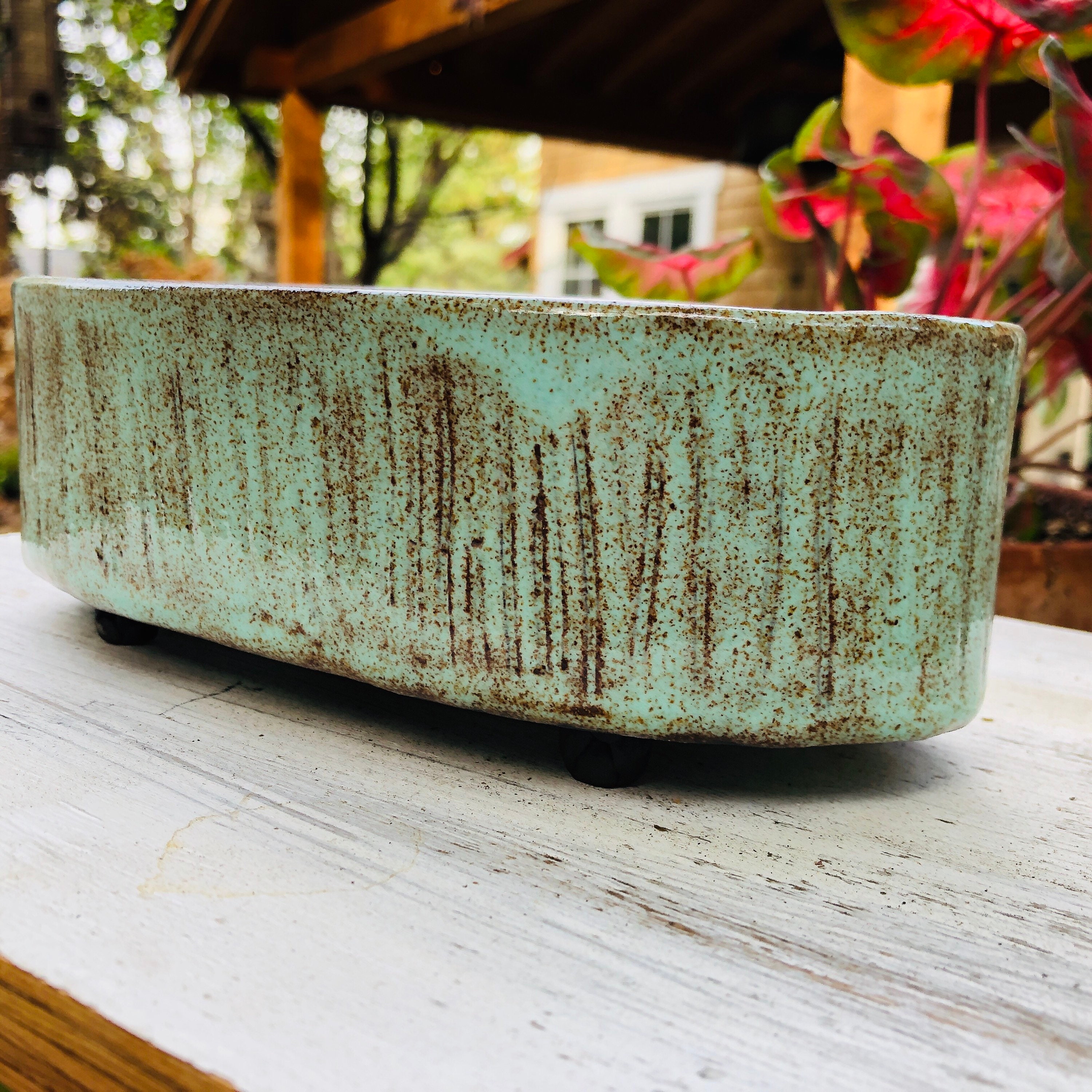 Green Shino Ikebana vesselHand made turquoise shino ikebana base