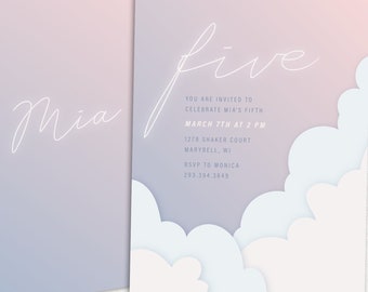 Printable Neon Cloud birthday Invitation - editable - dream - sleepover - slumber party - summer - sweet - pretty - girly