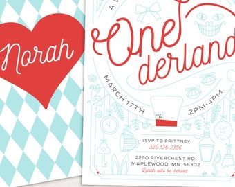 Alice in Onederland wonderland Birthday Invitation Template Print or Digital