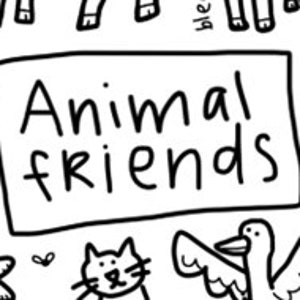 May include: Black and white line drawing of various animals, including a cat, a goose, a pig, a cow, a sheep, and a bird. The text "Animal friends" is written in a black rectangle in the centre of the image.
