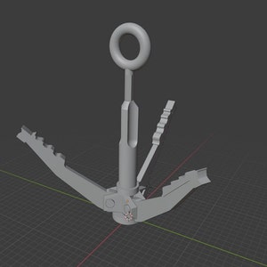 Puede incluir: Un ancla de metal gris con un anillo en la parte superior y múltiples brazos que se pliegan. El ancla está diseñada para ser utilizada como una herramienta o una pieza decorativa.
