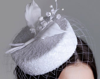 Bridal Pillbox with sequins,pearls,vintage Veil and silk flower lily of the valley.Bride hat wedding marriage accessories collection 2023/24