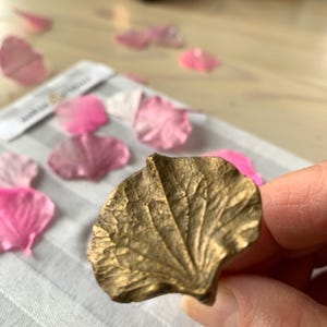 May include: A gold-colored leaf-shaped decorative object with detailed veining. The object is held by a person's hand. Pink and white petals are scattered on a striped surface in the background.