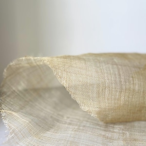 May include: Close-up of a section of woven fabric in a light beige colour. The fabric has a delicate, open weave, with visible threads creating a textured surface. The edges of the fabric are slightly frayed, adding to its natural appearance.