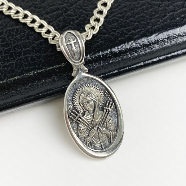 Orthodox Pendant, Our Lady of the Seven Arrows, Religious Necklace, Christian Jewelry, Silver Icon, Sacred Pendant, Christian Pendant