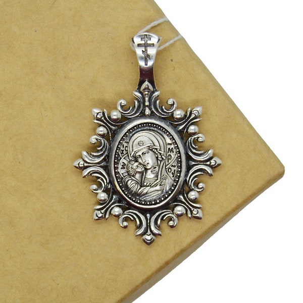 Silver pendant depicting the Virgin of Vladimir, Mother of God eight-pointed medallion, 35x25 mm, Orthodox shrine
