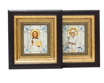 Silver Wedding pair of Icons, Customized Wedding Icons, Wedding Set Mother of God Pochaevskaya and Jesus Christ, Set of Two Prayer Icons