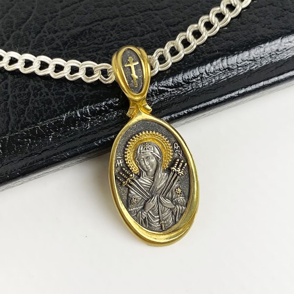 Orthodox Pendant, Our Lady of the Seven Arrows, Religious Necklace, Christian Jewelry, Silver Icon, Sacred Pendant, Christian Pendant