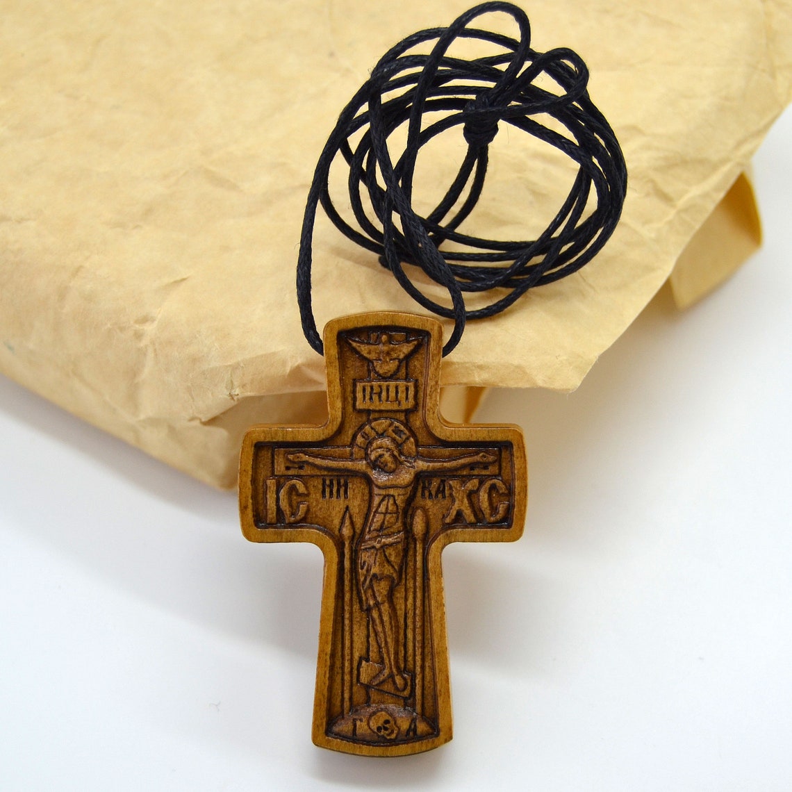 Necklace Wooden Cross Orthodox carved from wood Christian Etsy