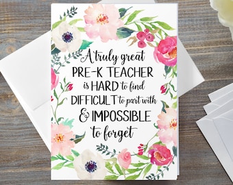 Pre-K Teacher Card, Card For Pre-K Teacher, Thank You Card, Retiring Card, Farewell Card, A Truly Great Pre-K Teacher Is Hard To Find