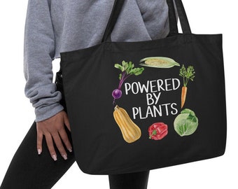 Powered By Plants, Organic Cotton Tote Bag, Eco Tote Bag, Vegan Tote Bag, Gift For Her, Gift For Vegan, Vegan Gift, Eco Shopping Bag, Black