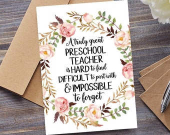 Preschool Teacher Card, Thank You Card, Leaving Card, Personalised, Teacher Retirement Card, A Truly Great Preschool Teacher Is Hard To Find