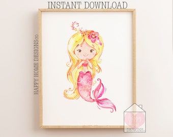 Mermaid Wall Art, Mermaid Prints, Mermaid Nursery Decor, Mermaid Printable, Blond Hair Mermaid, Mermaid Poster, Girls Wall Art, Pink Mermaid