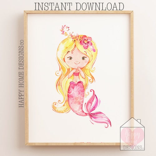 Mermaid Print Pink Hair Mermaid Printable Wall Art Girls Aqua - Etsy