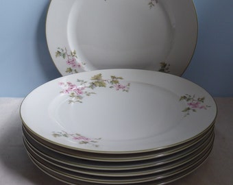 Ensemble antique Seven Old Dinner Plates Hutschenreuther Allemagne U.S. Design Porcelaine Rose Fleurs Green Edge Flat Plates / Assiette