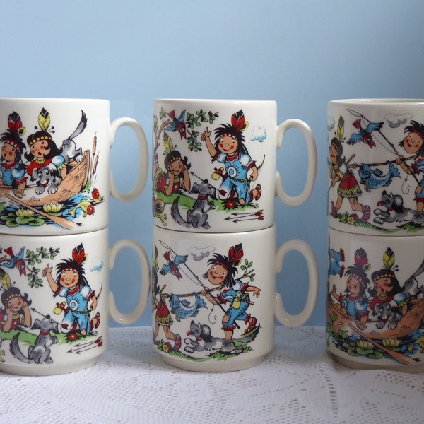 Vintage Set sechs lustige Kinder Tasse Becher Wig-Wam Indianer Rösler West Germany Bavaria Wigwam Wickiup Geburtstag Party Kindertasse