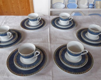 Vintage koffieservies voor 6 personen Mitterteich Bavaria Duitsland 18 delig blauw met abstract patroon porselein 6x koffie/theecouverts