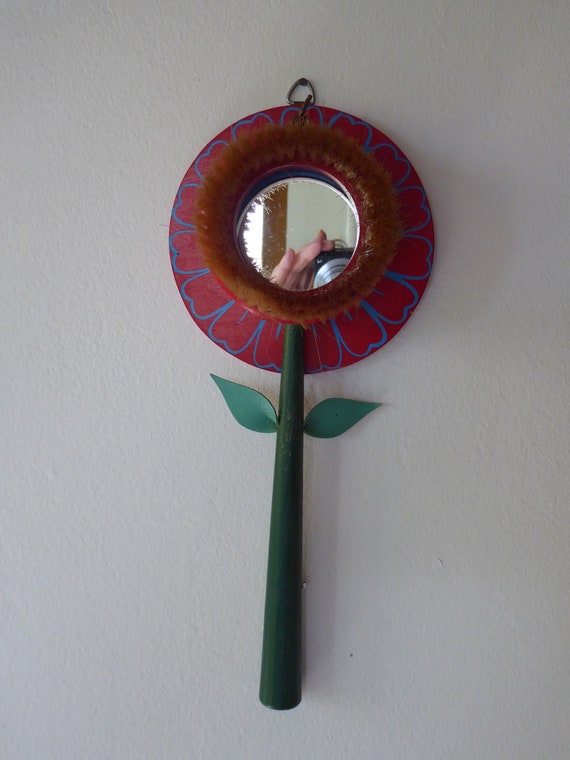 Mid Century 70's Red Flower Wooden Mirror with Cl… - image 6