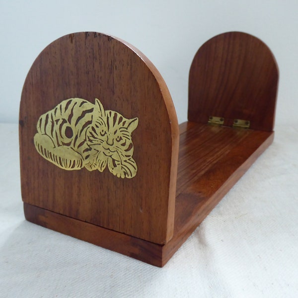 Vintage Beautiful Bookend articulé et coulissant en bois massif et laiton deux chats / Tiger book stopper book stand