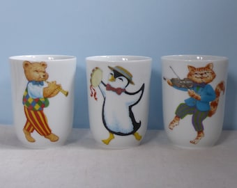 Set 3x Vintage, drei schönr + lustige Becher Porzellan Fürstenberg Germany Trinkbecher Tiere Teddy Katze Pingiun Tasse Becher