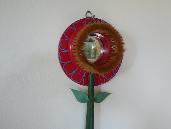 Mid Century 70's Red Flower Wooden Mirror with Cl… - image 1