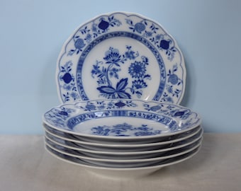 Vintage Zwiebelmuster Set sechs 6x Suppenteller Tirschenreuth Echt Cobalt West Germany Weiß und Blau Porzellan Vintage Porzellan Teller