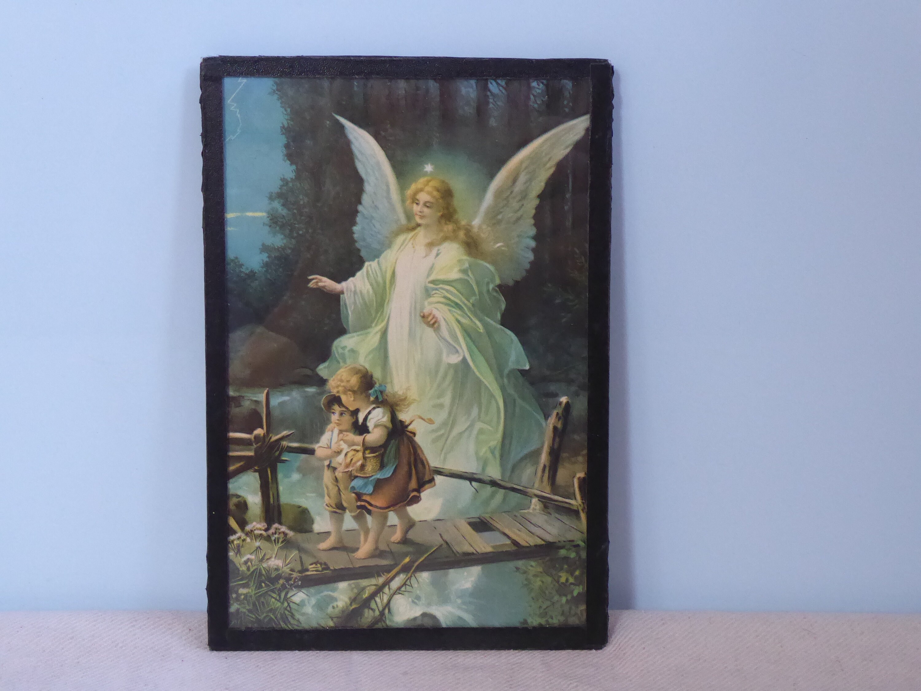 Antik Heiligenbild Schutzbild Schutzengel beschützt Kinder Engel