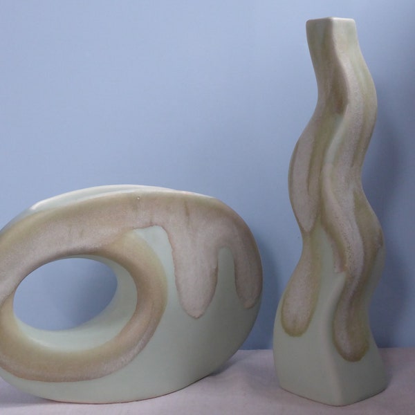 Mid Century Design Vero Cer Set zwei außergewöhnliche Vasen Laufglasur Fat Lava Germany West Keramik Studio Pottery Retro Beige Boho