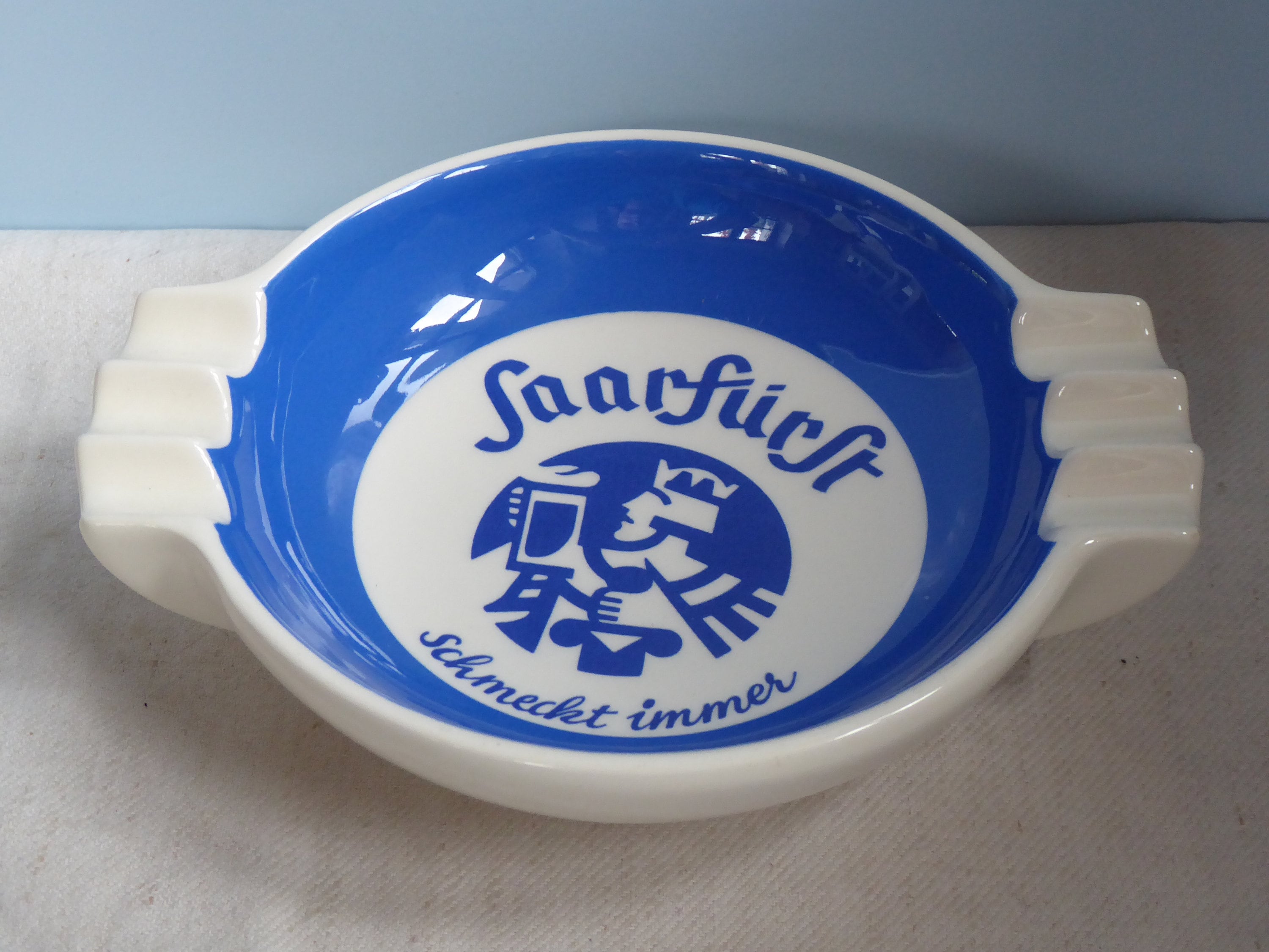 Rarely Very Old, XL Ashtray Villeroy & Boch Germany Mettlach Advertising  Saarfürst Always Tastes Antique Blue White Very Large Ashtray 