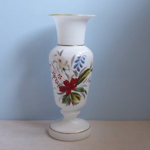 Antique Art Nouveau vase milk glass with demolition flowers hand painted mouth blown opal glass vase opal white vintage shabby white gold colorful flowers