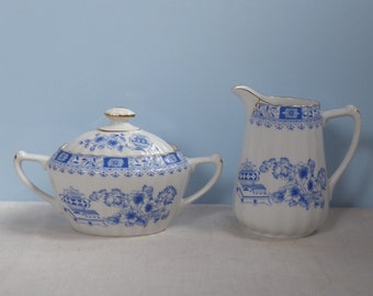 Vintage set sugar bowl and milk jug China Blue Seltmann Weiden Bavaria W. Germany Dorothea Porzellan high quality white blue shabby chic