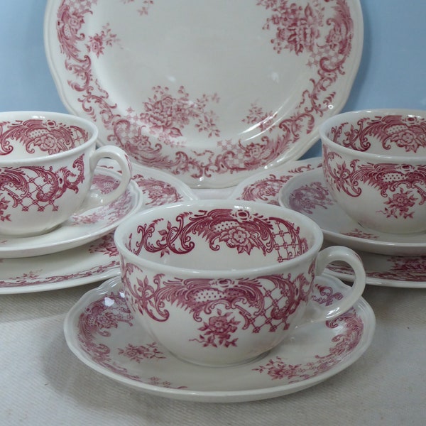 Vintage Set drei Tee Gedecke Villeroy & Boch Valeria Mettlach Germany Weiß Rot Shabby Landhaus Country Teeservice Teetassen Kaffeeservice