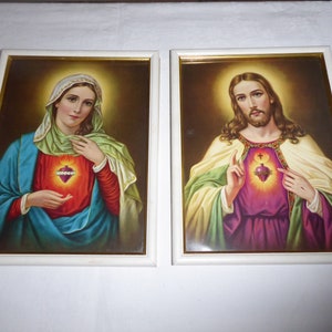 Antique Set of 2x Holy Picture Protective Picture Mary and Jesus with Flaming Heart Shabby Chic Religious Shabby Chic Picture Wooden Frame
