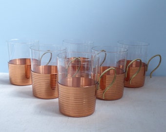 Mid Century Wunderschönes Set 6x Grog / Tee Gläser Service, Glas + Halterungen aus Kupfer und Messing Kochfest Germany Vintage