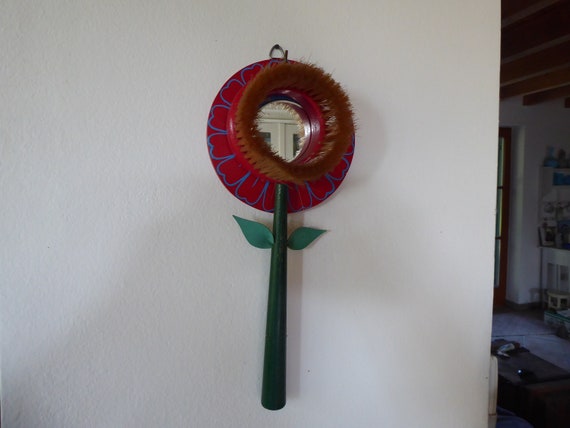 Mid Century 70's Red Flower Wooden Mirror with Cl… - image 9