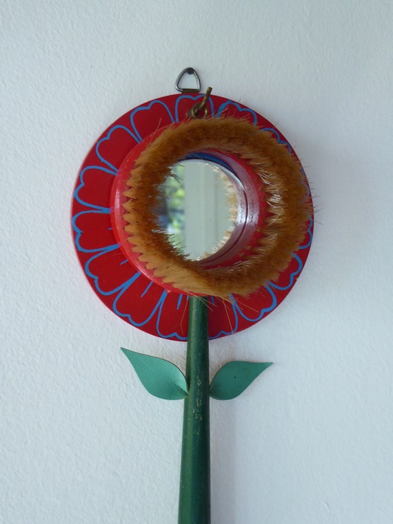 Mid Century 70's Red Flower Wooden Mirror with Cl… - image 7