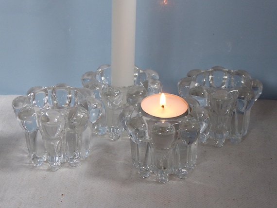 Vintage Set vier Stabkerzen VMC Glas Kerzenhalter Century Kerzenständer Bubble Retro France 4x Mid Reims Blumenform Kristallglas Teelichter