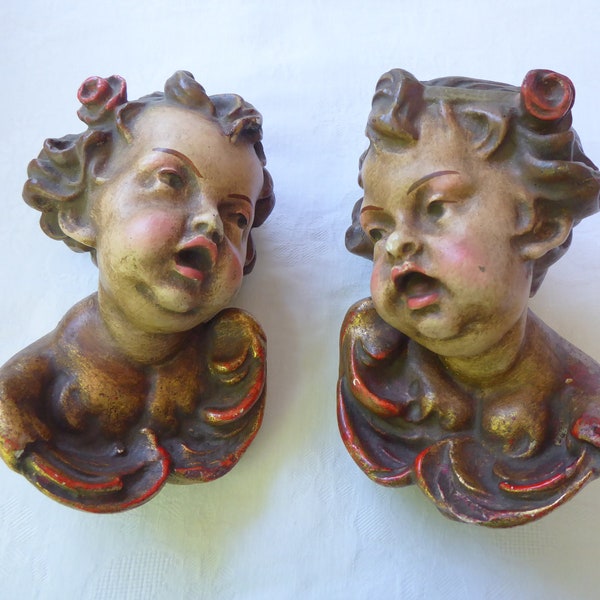 Antique Loving Couple Angel Head avec Wing Wall Decoration Putti Cherub Sculpture Plaqué Or Peint à la Main Masse Shabby Chic Brocante