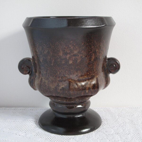 Art Deco zeldzaam! Prachtige beker vaas met handvatten bloem pot bruin keramiek Running glazuur