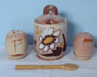 Mid Century Streuer-Set Salz + Pfeffer + Senf Keramik Blumen Gelb Braun Beige Salzstreuer, Pfefferstreuer, Senfdose Töpferei Handarbeit